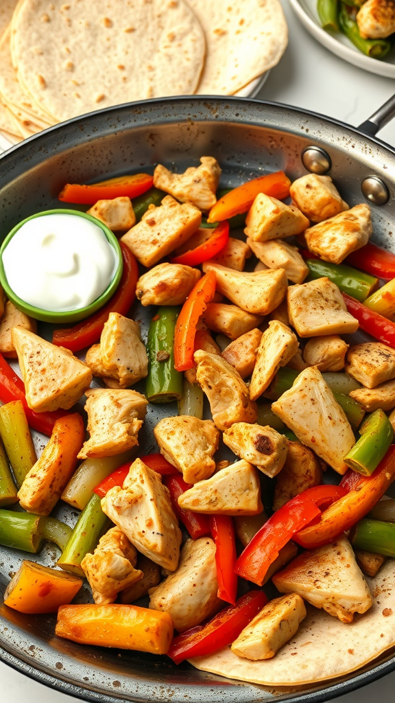 A skillet with cooked chicken and colorful bell peppers, served with tortillas.