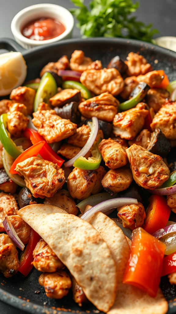 A delicious plate of chicken fajitas with grilled chicken, colorful bell peppers, and warm tortillas.