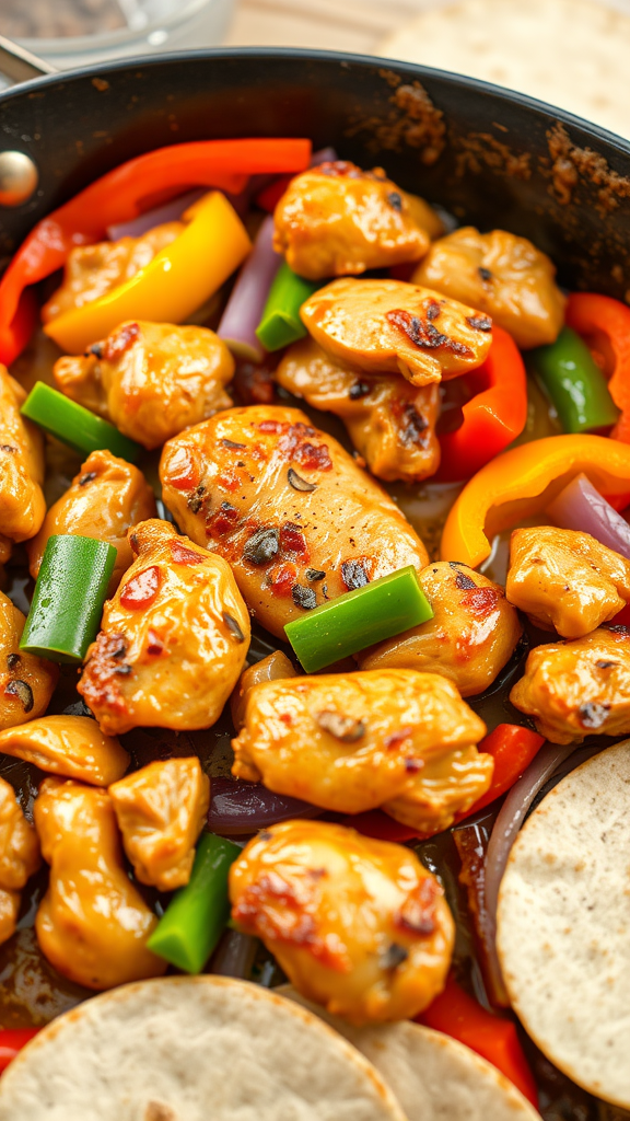 A colorful display of chicken fajitas with peppers and onions in a skillet.