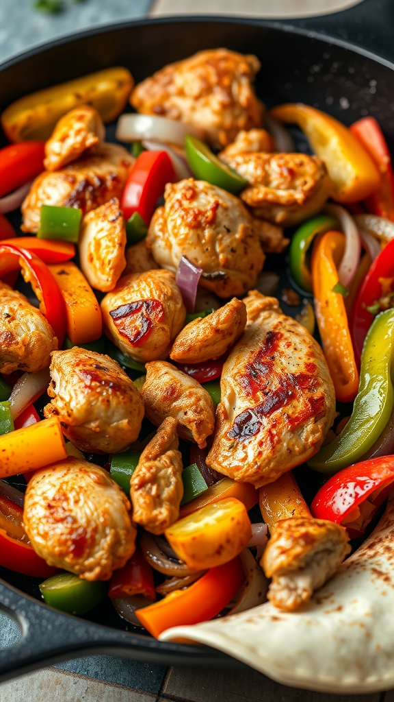 A skillet filled with grilled chicken and colorful bell peppers, ready to be served as chicken fajitas.
