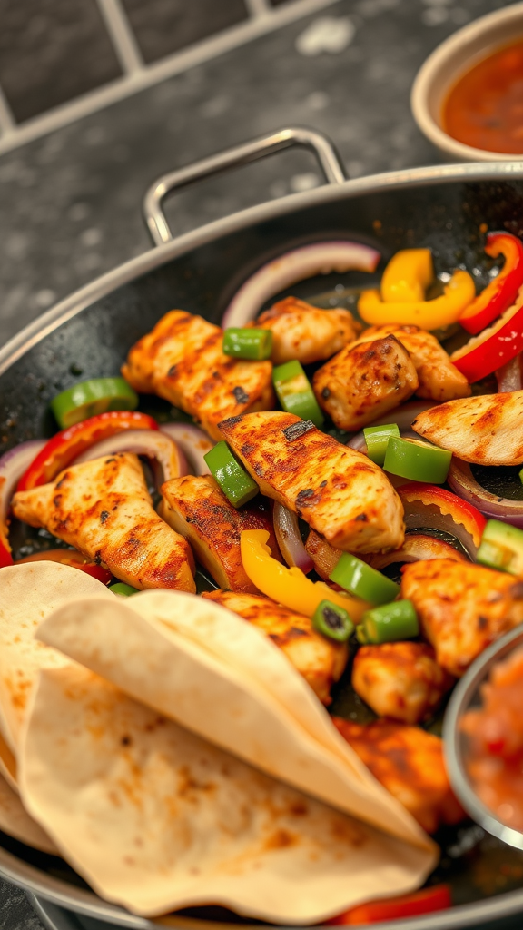 A pan of grilled chicken fajitas with bell peppers and onions next to warm flatbreads.