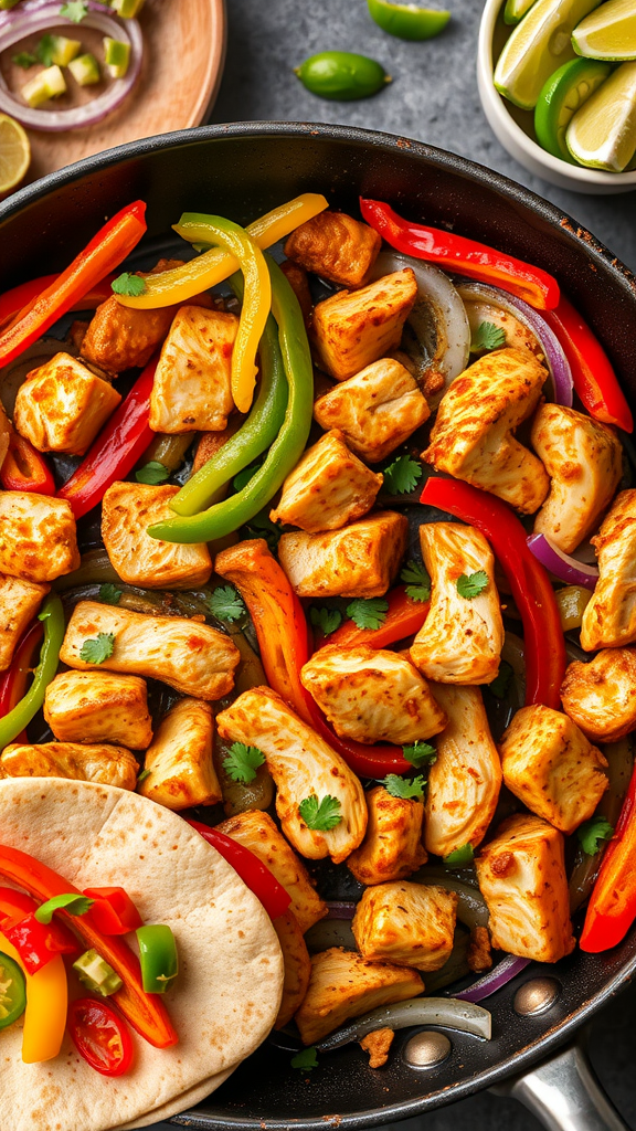 A pan filled with colorful chicken fajitas featuring bell peppers and tortillas