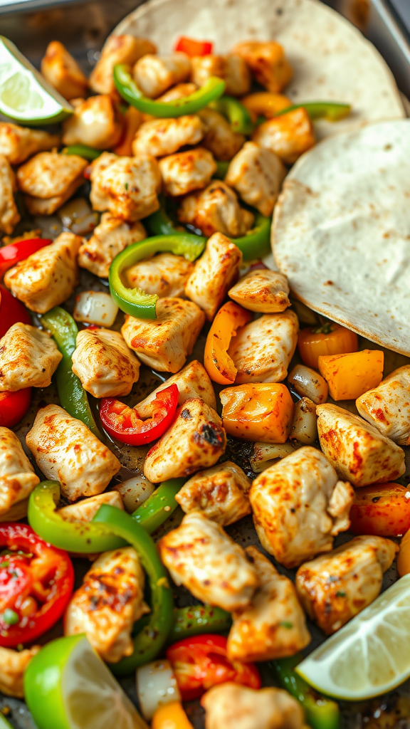 A colorful display of chicken fajitas with bell peppers and lime
