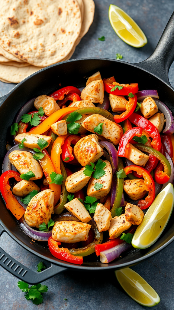 A skillet filled with chicken fajitas, colorful bell peppers, onions, and fresh cilantro, with tortillas and lime on the side.