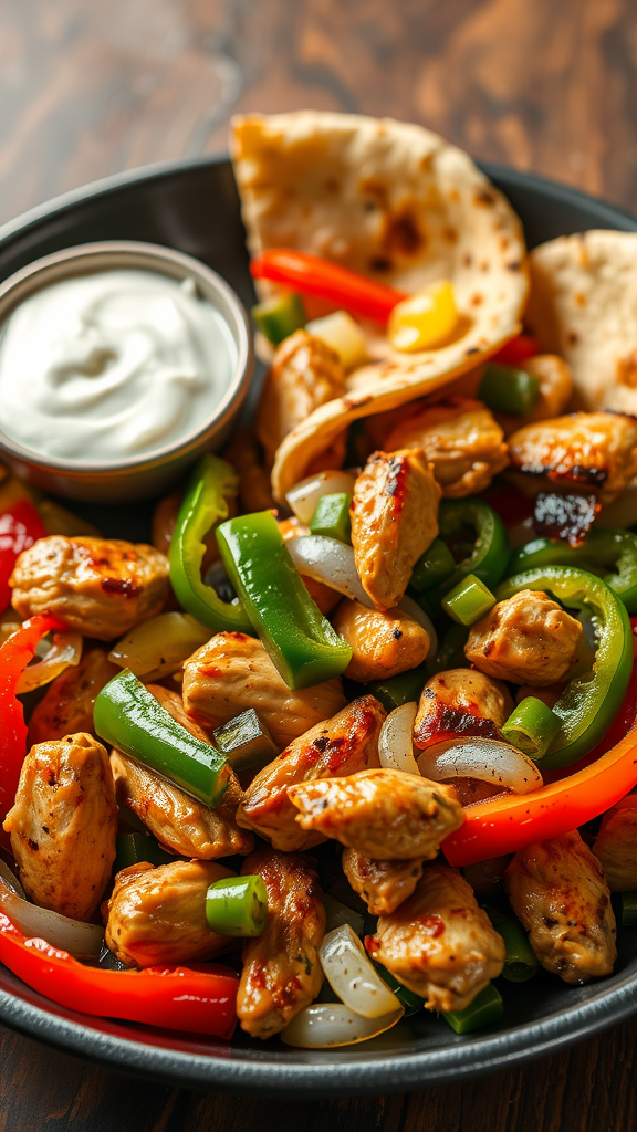 A colorful plate of chicken fajitas with bell peppers, onions, and tortillas, served with a side of sour cream.