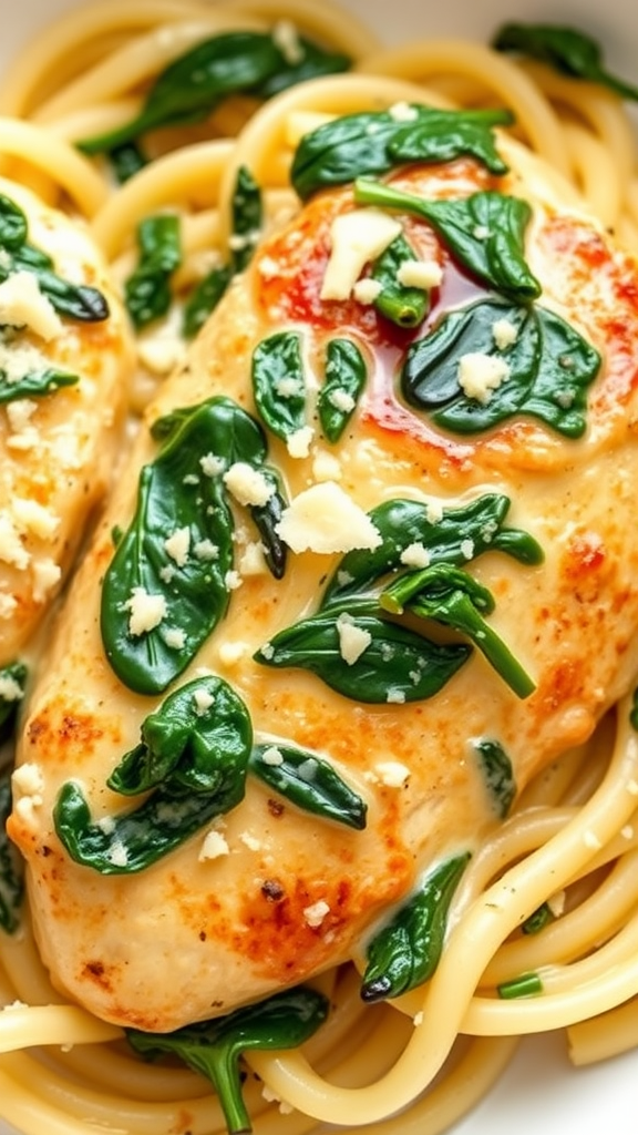 A plate of Chicken Florentine with spinach and pasta