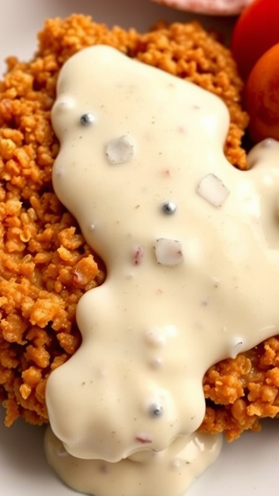 A close-up of chicken fried steak topped with creamy gravy, served with side dishes.