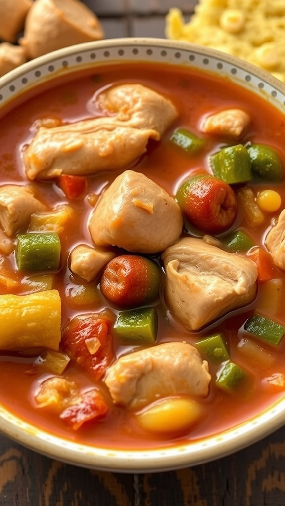 A bowl of chicken gumbo with pieces of chicken, green peppers, tomatoes, and corn in a rich red broth.