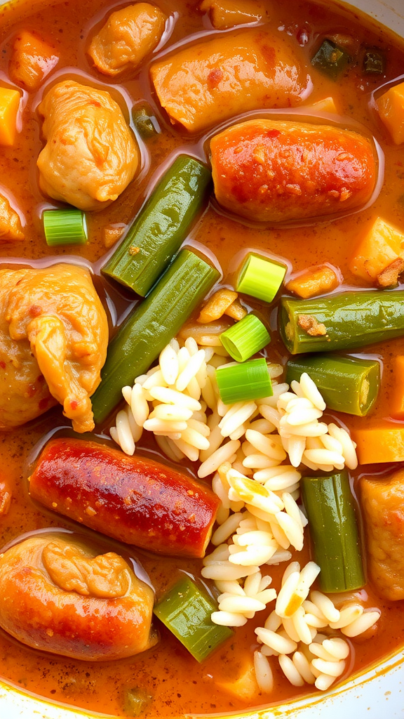 A bowl of chicken gumbo with sausage, green beans, and orzo, in a rich broth.