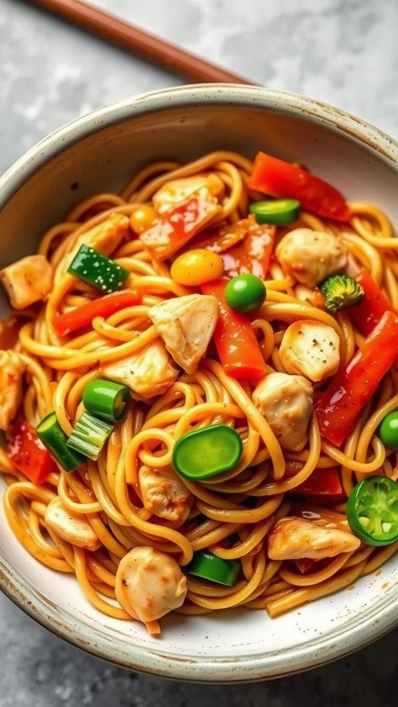 A bowl of Chicken Lo Mein with noodles, chicken pieces, and colorful vegetables.