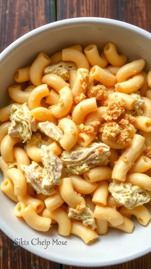 A bowl of creamy Chicken Mac and Cheese with elbow macaroni and shredded chicken