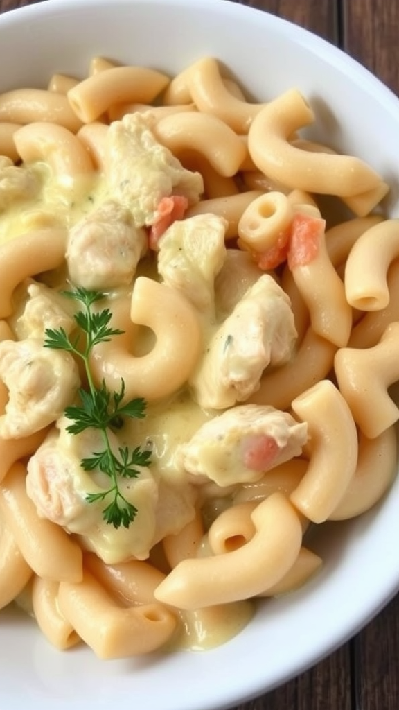 A bowl of creamy chicken mac and cheese with elbow pasta and garnished with parsley.