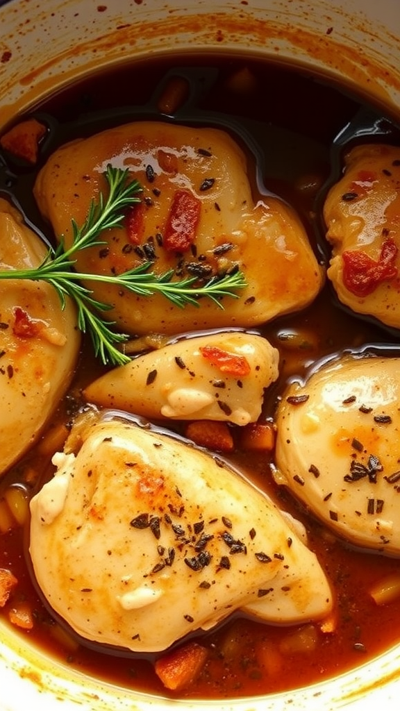 Tender chicken breasts in a rich Marsala wine sauce with herbs and seasonings.
