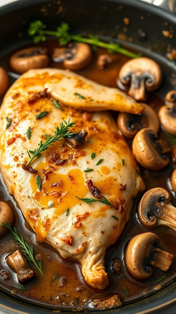 A close-up of Chicken Marsala with mushrooms in a pan, garnished with herbs.
