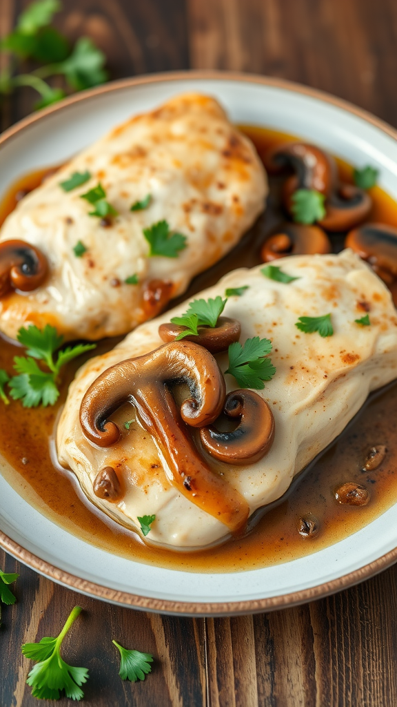 A delicious serving of Chicken Marsala with mushrooms and parsley on a plate.