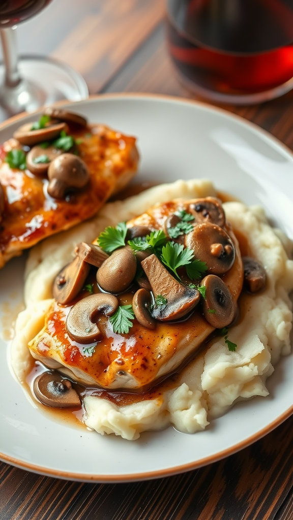 Plate of Chicken Marsala with mashed potatoes and a glass of wine