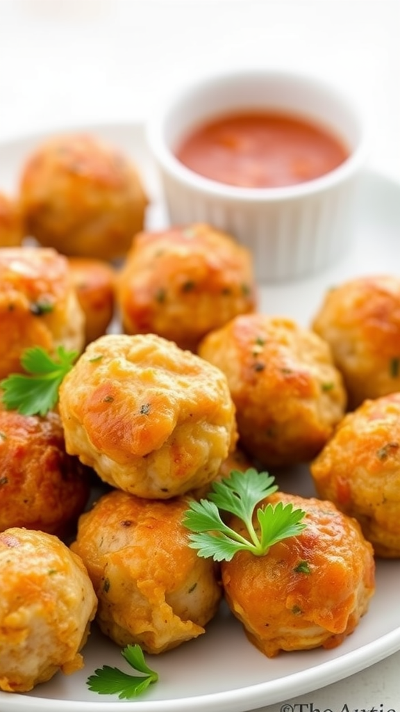 Plate of golden brown chicken meatballs with cilantro garnish and sauce