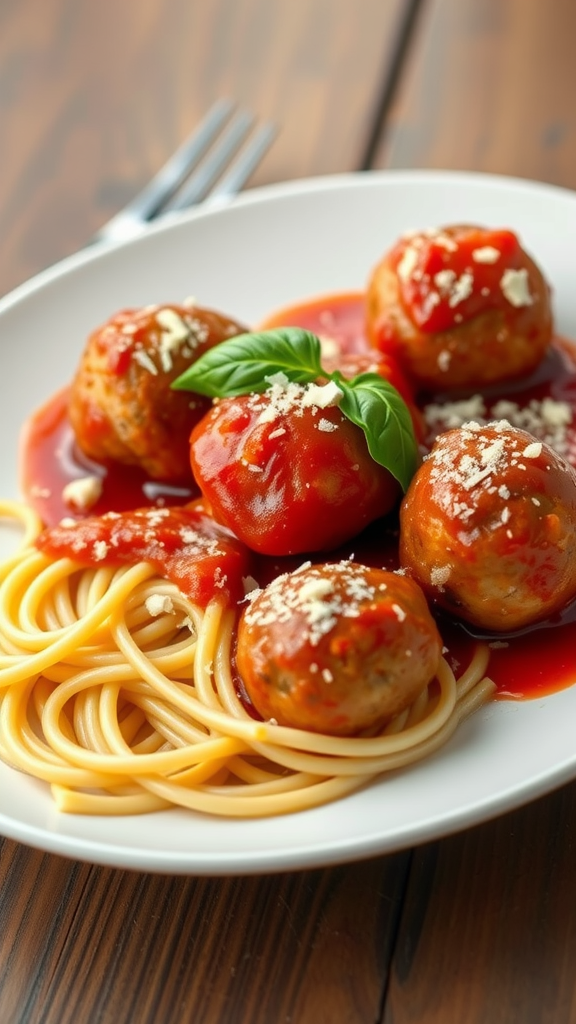 A plate of chicken meatballs served with spaghetti and tomato sauce, garnished with basil and cheese