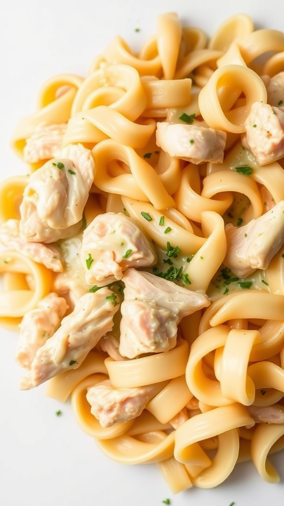 A close-up of chicken noodle casserole with tender chicken pieces and ribbon-like pasta.