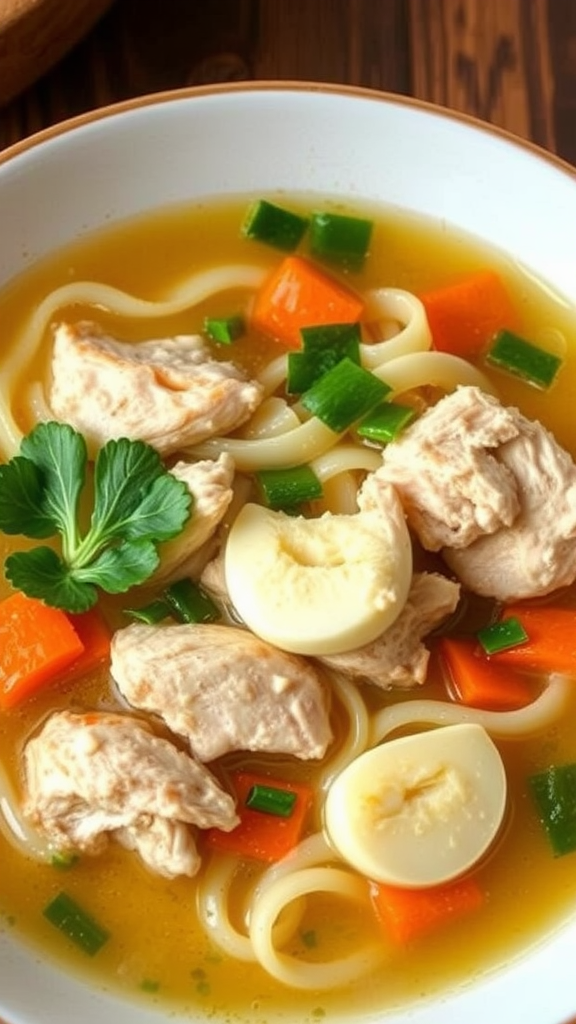 A bowl of chicken noodle soup with chicken pieces, noodles, carrots, green onions, and garnished with parsley.
