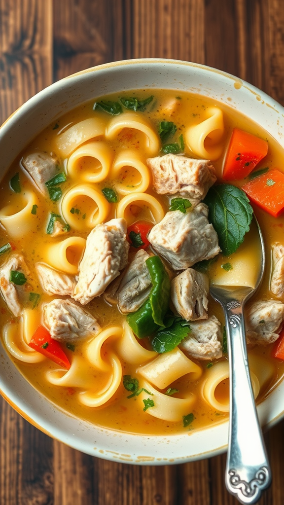 Bowl of chicken noodle soup with noodles, chicken pieces, and bell peppers on a wooden table