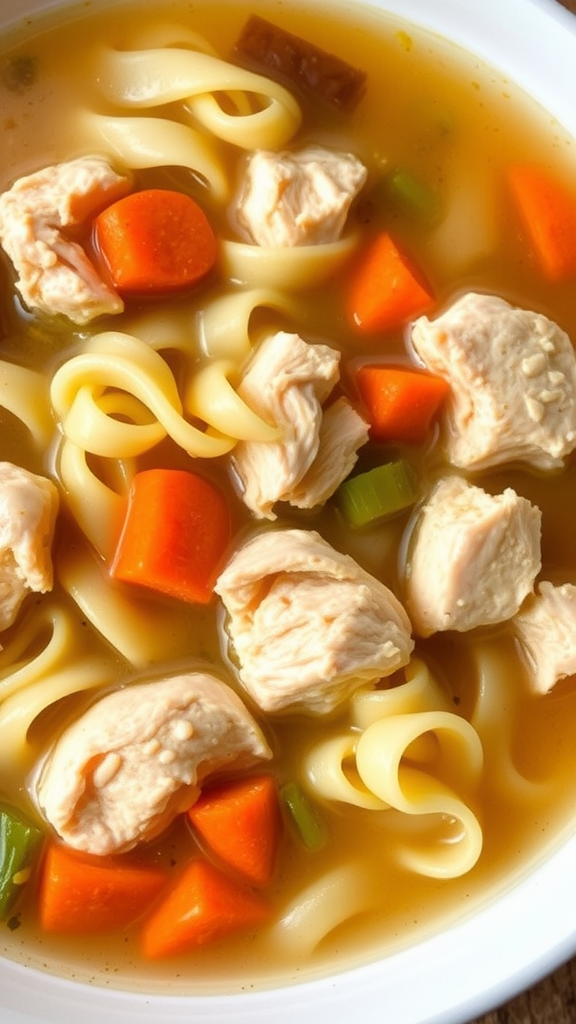Bowl of chicken noodle soup with chicken pieces, noodles, carrots, and celery in a golden broth
