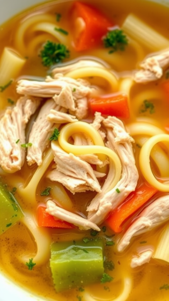 A bowl of chicken noodle soup with shredded chicken, noodles, carrots, and green peppers in broth.