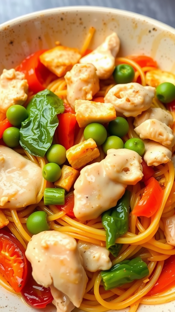 A colorful bowl of chicken noodle stir-fry with vegetables and spaghetti noodles.