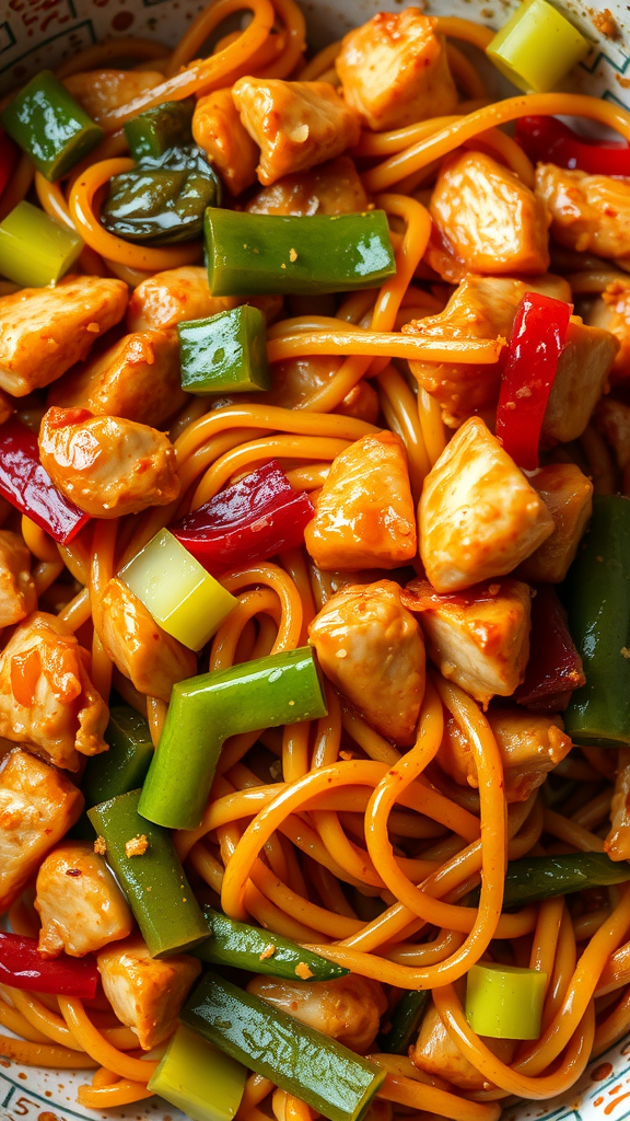 A colorful chicken noodle stir fry with pieces of chicken, bell peppers, and noodles.