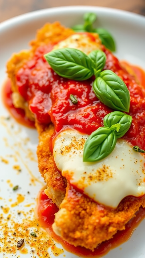 A delicious serving of Chicken Parmesan with marinara sauce and fresh basil