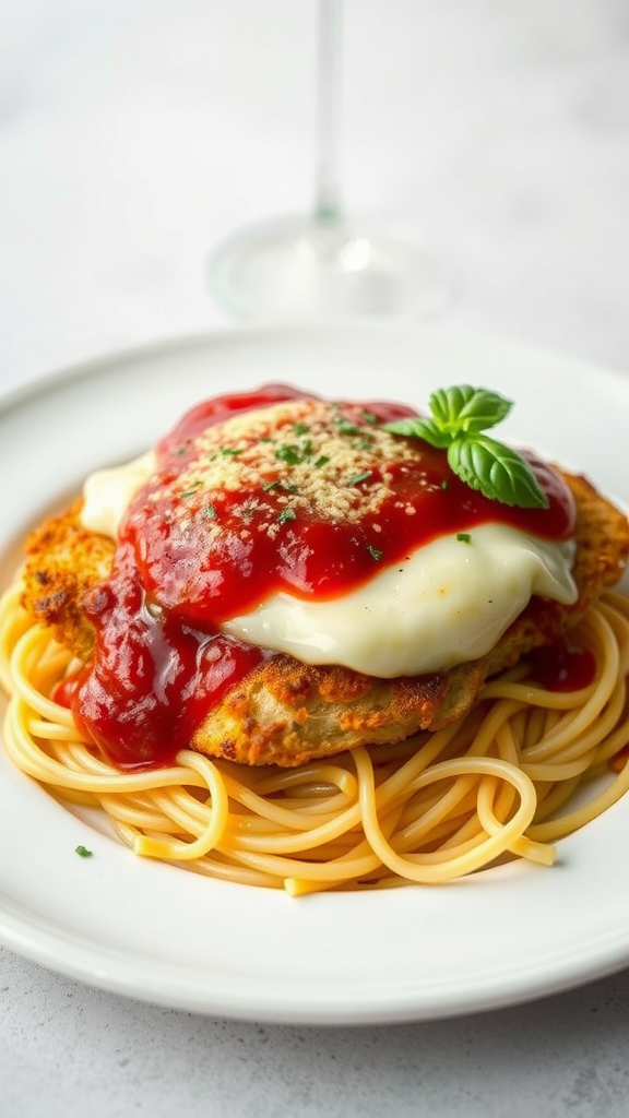 A plate of Chicken Parmesan with spaghetti, topped with marinara sauce and mozzarella cheese.