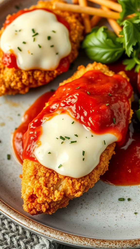 Delicious Chicken Parmesan topped with marinara sauce and melted cheese