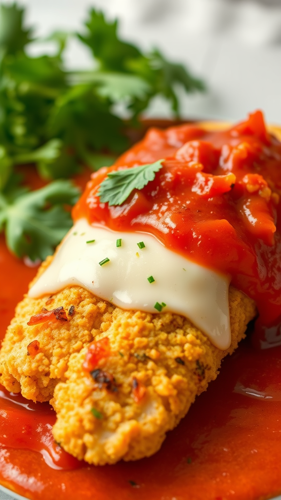 A crispy chicken breast topped with marinara sauce and melted cheese, garnished with fresh herbs.