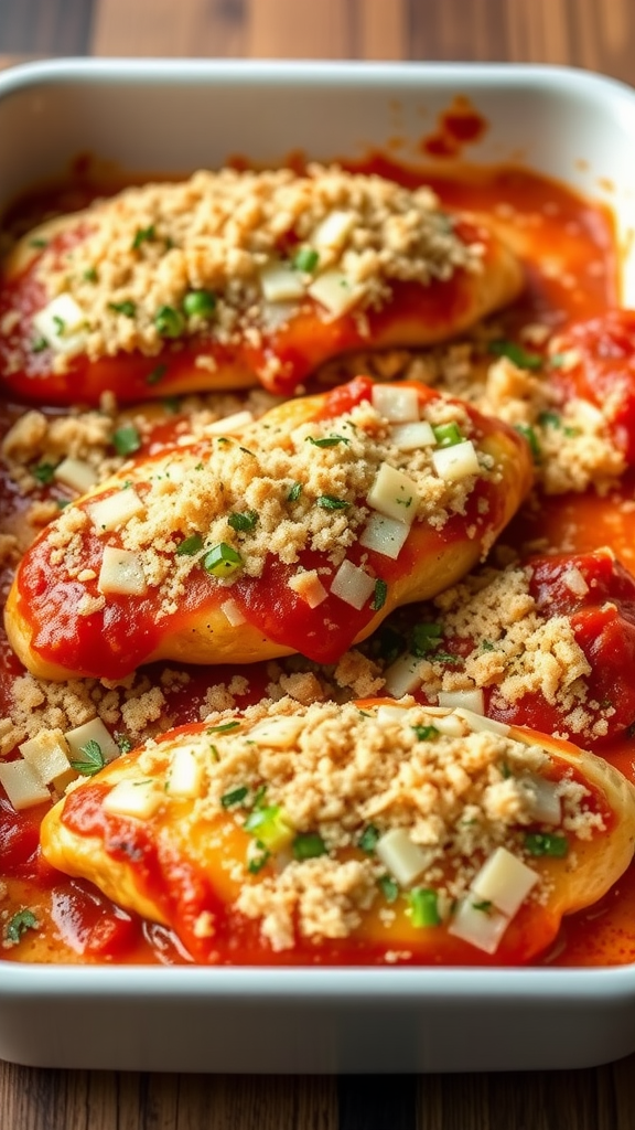 A delicious Chicken Parmesan Casserole with crispy breadcrumbs and melted cheese.