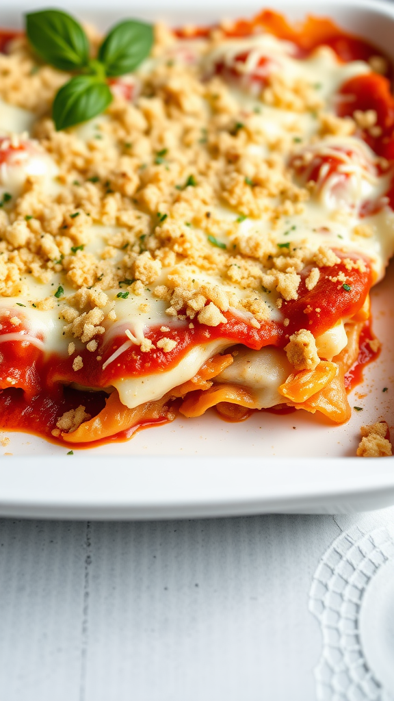 A delicious Chicken Parmesan Casserole topped with melted cheese and herbs