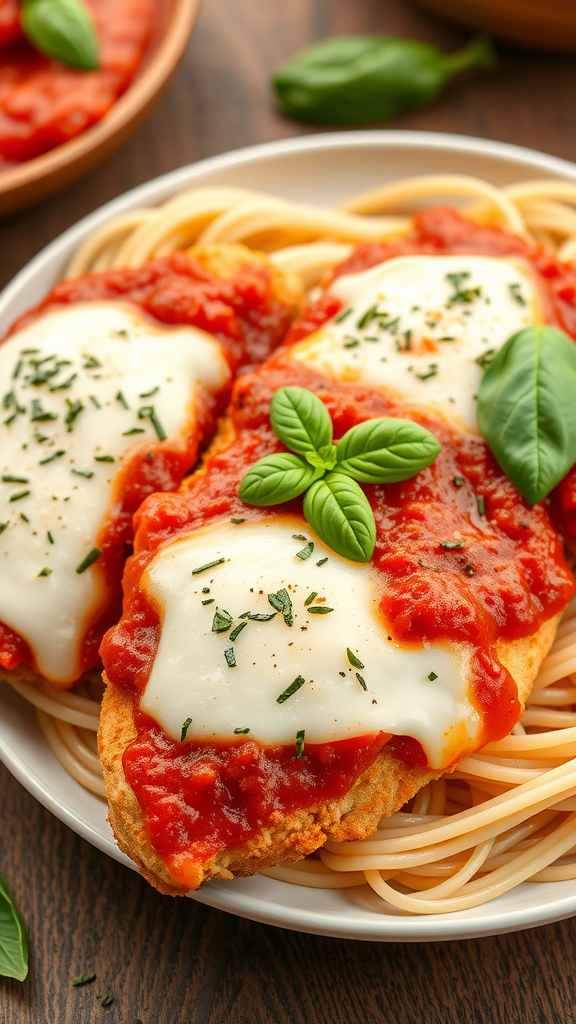 Plate of Chicken Parmesan with spaghetti and fresh basil