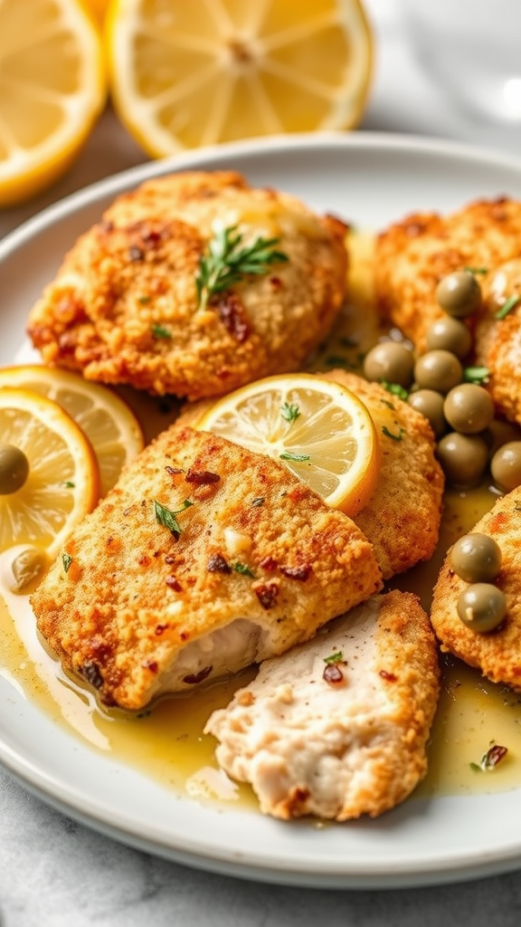 A plate of crispy Chicken Piccata with lemon slices and olives