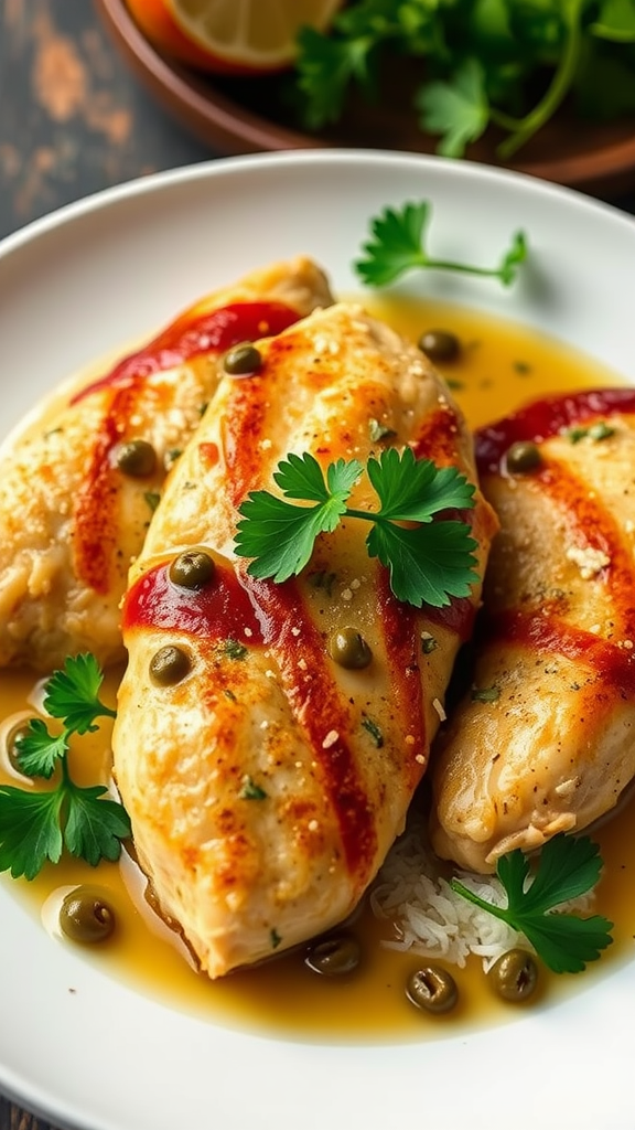 Plate of Chicken Piccata with lemon sauce and capers, garnished with parsley.