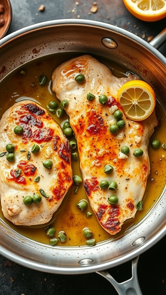 Pan-seared chicken breasts with capers and lemon in a silver skillet