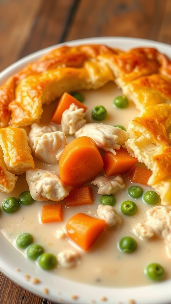A delicious chicken pot pie filled with chicken, peas, carrots, and a golden flaky crust.