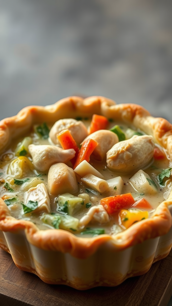 A delicious chicken pot pie filled with chicken, vegetables, and a golden crust.