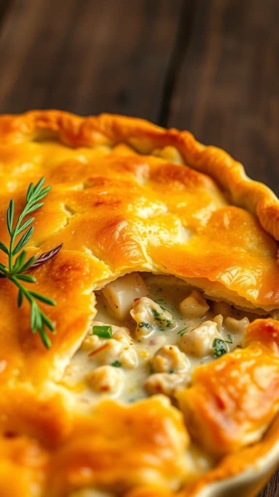 Golden brown chicken pot pie with a flaky crust and fresh rosemary on top.