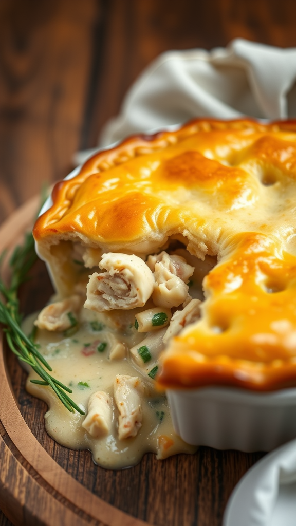 A freshly baked chicken pot pie with golden crust and creamy filling spilling out