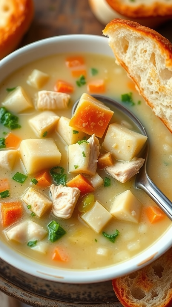 Bowl of chicken pot pie soup with chunks of chicken, carrots, and potatoes, next to a piece of crusty bread.