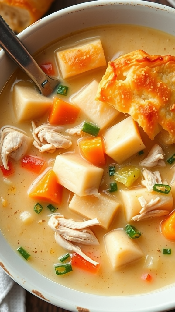 A bowl of Chicken Pot Pie Soup with chicken, vegetables, and biscuit on the side.