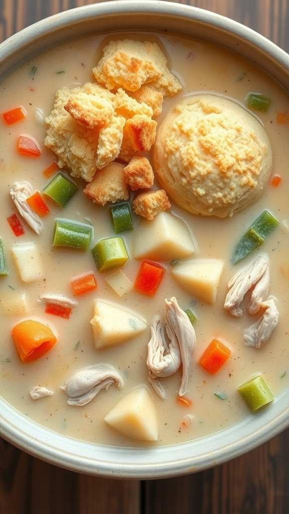 A bowl of Chicken Pot Pie Soup with vegetables and biscuit topping