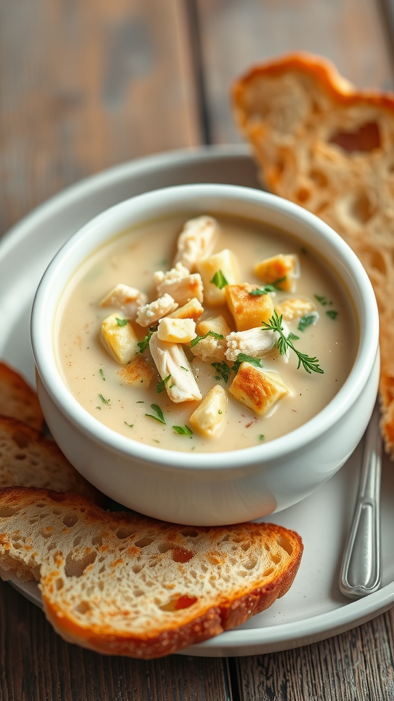 A bowl of chicken pot pie soup with toasted bread on the side.