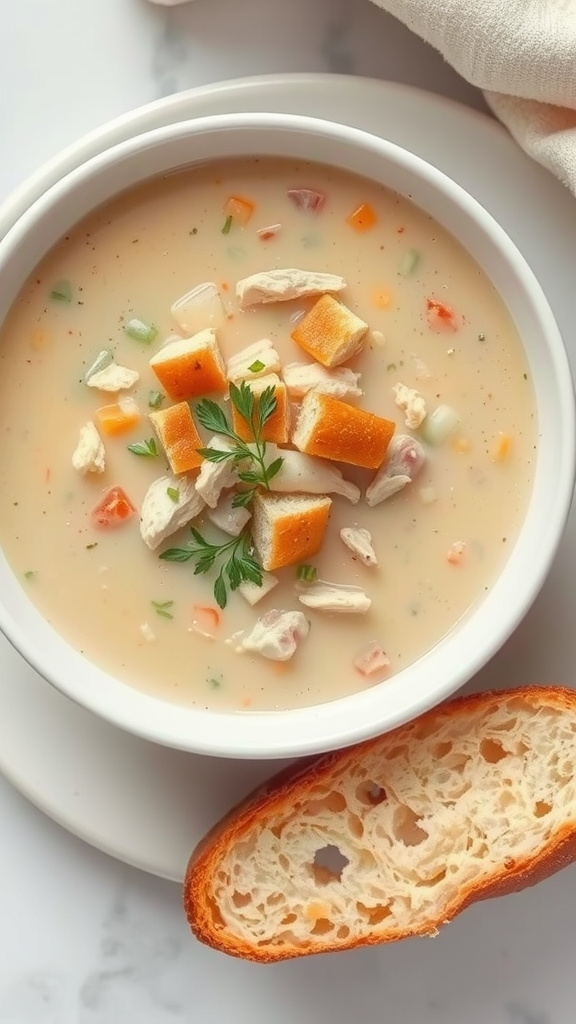 A bowl of Chicken Pot Pie Soup with vegetables and bread on the side