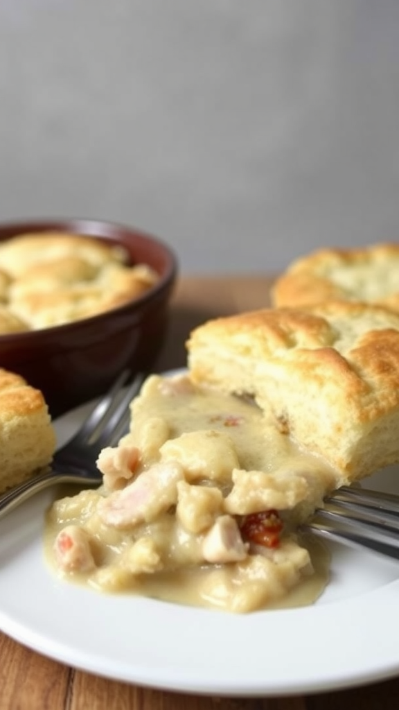 A plate of Chicken Pot Pie with flaky biscuits and creamy filling