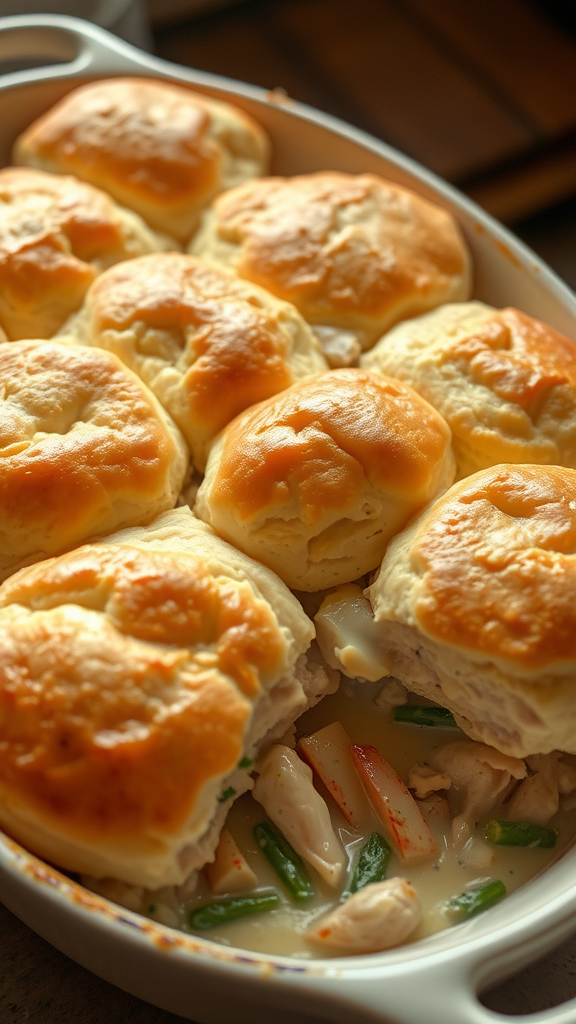 A baking dish filled with Chicken Pot Pie topped with flaky biscuits